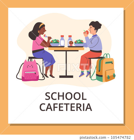 Vector cartoon poster with cute boy and girl are sitting at the table eating salad, cake and milk in orange frame 105474782