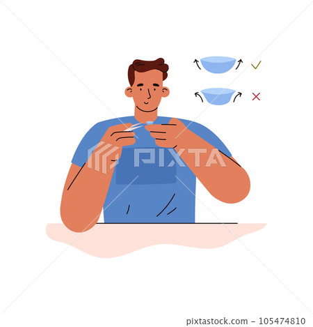 Man put contact lens on finger with tweezers, correct and incorrect contact lens placement vector isolated illustration Man put contact lens on finger with tweezers, correct and incorrect contact lens placement vector isolated illustration 105474810