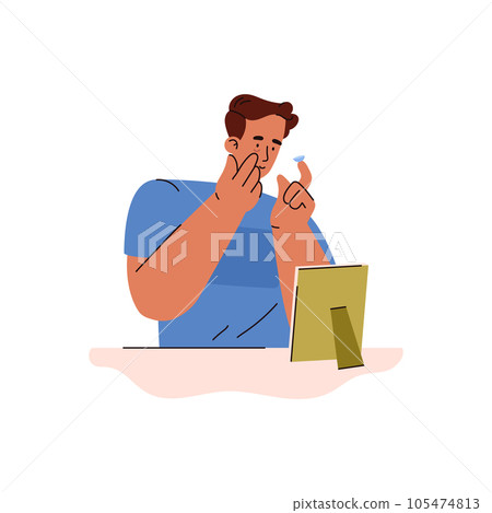Man looks in mirror and inserts contact lenses to improve vision or change eye color vector isolated illustration Man looks in mirror and inserts contact lenses to improve vision or change eye color vector isolated illustration 105474813