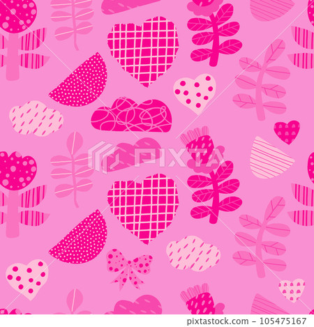 Abstract pink seamless pattern Barbiecore. Glamorous trendy minimalistic shapes, decorative flower and hearts on pink background. Vector illustration. 105475167