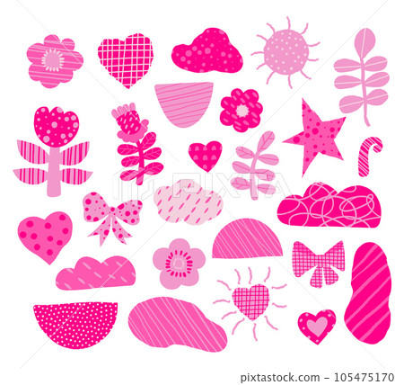 Pink modern minimalistic shapes. Collection Barbiecore of decorative flowers, hearts, spots and abstract figure. Vector illustration. Isolated cut form elements for design, decor, decoration. 105475170