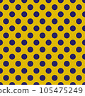 OLGA (1979) "polka dots" textile seamless pattern. Late 1970s fashion style, fabric print (dark blue dots on dim yellow backdrop). 105475249