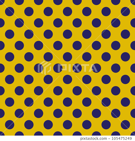 OLGA (1979) "polka dots" textile seamless pattern. Late 1970s fashion style, fabric print (dark blue dots on dim yellow backdrop). 105475249