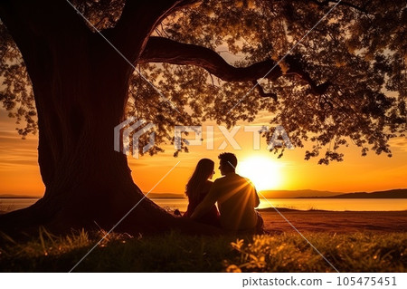 Loving couple sitting under the tree during sunset. Loving couple sitting under the tree during sunset. 105475451