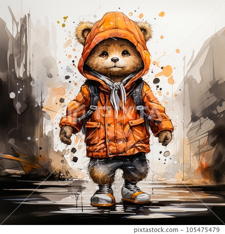 Bear in an orange jacket and with a watercolor backpack, generation ai Bear in an orange jacket and with a watercolor backpack, generation ai 105475479