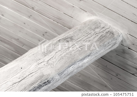 White ceiling beam made from stained oak log, close-up White ceiling beam made from stained oak log, close-up 105475751