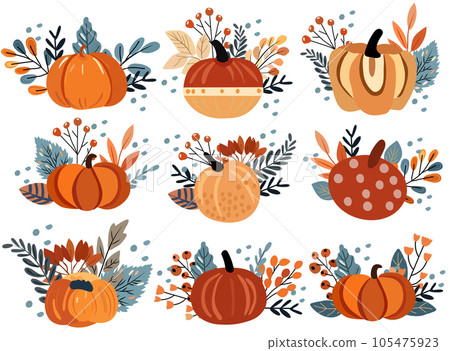 Autumn collection featuring a pumpkin composition, multicolored foliage, red berries. Great for websites, banners, greeting cards, Thanksgiving. Vector illustration. Autumn collection featuring a pumpkin composition, multicolored foliage, red berries. Great for websites, banners, greeting cards, Thanksgiving. Vector illustration. 105475923