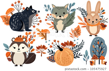 Seasonal autumn set, wildlife, veggies, colorful tree, leafage. Harvest festival Thanksgiving icons, including cute rabbit, funny raccoon, mole. Vector illustration. 105475927