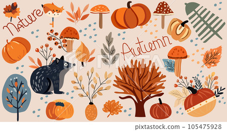 Seasonal autumn banner, with wildlife, veggies, trees, leafage and cute mole. Banners Ideal for web, harvest fest, banners, cards, Thanksgiving. Vector illustration Seasonal autumn banner, with wildlife, veggies, trees, leafage and cute mole. Banners Ideal for web, harvest fest, banners, cards, Thanksgiving. Vector illustration 105475928