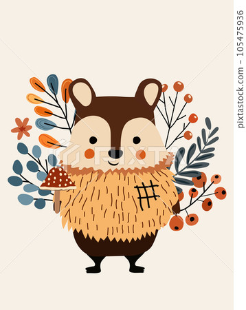 Cute forest bear with wild berries and leaves. Woodland animals. Perfect for web, banner, card, poster. Vector illustration 105475936