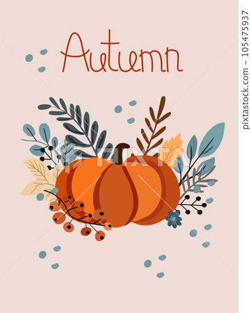 Autumn banner with pumpkin composition with colorful leaves, red berry. Perfect for web, banner, card and Thanksgiving. Vector illustration. 105475937