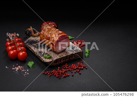 Delicious smoked bacon with salt, spices and herbs 105476298