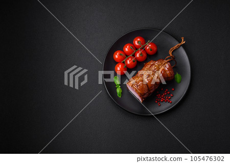 Delicious smoked bacon with salt, spices and herbs 105476302