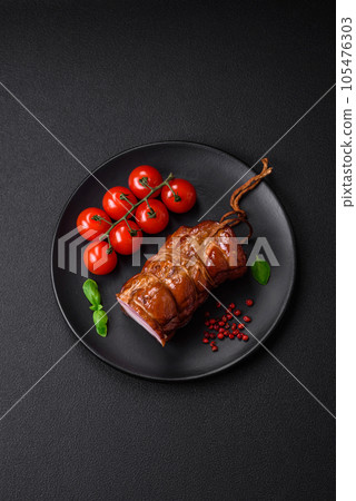 Delicious smoked bacon with salt, spices and herbs Delicious smoked bacon with salt, spices and herbs 105476303