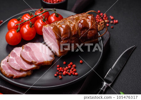 Delicious smoked bacon with salt, spices and herbs 105476317
