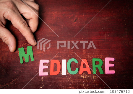 MEDICARE. Text from colorful alphabet letters on wooden table 105476713