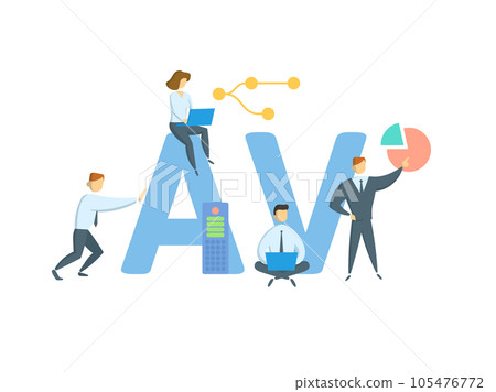 AV, audiovisual. Concept with keyword, people and icons. Flat vector illustration. Isolated on white. AV, audiovisual. Concept with keyword, people and icons. Flat vector illustration. Isolated on white. 105476772