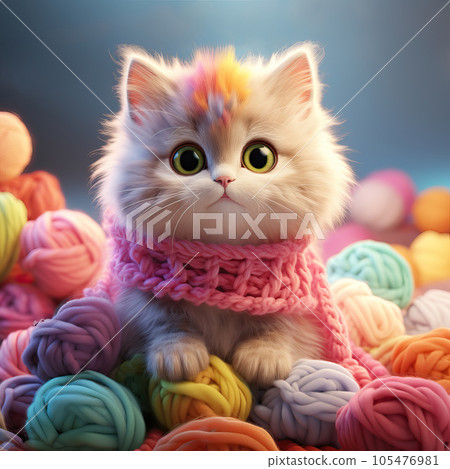 Realistic funny cat in knitted wool scarf sitting among knitting and colorful yarn balls. Cute kitten character. Mascot of goods for pets, cat clothes. Knitwear for cats. Winter postcard. Realistic funny cat in knitted wool scarf sitting among knitting and colorful yarn balls. Cute kitten character. Mascot of goods for pets, cat clothes. Knitwear for cats. Winter postcard. 105476981