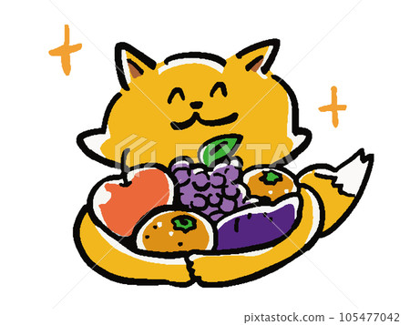 Hand drawn style illustration of a fox holding a lot of fruits 105477042