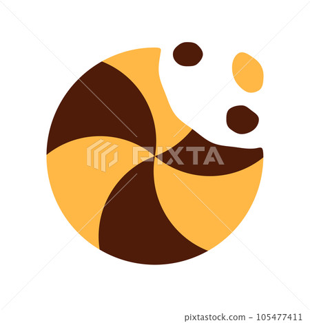 Swirl cookie with chocolate and vanilla dough flat icon isolated on white background. Baked treat with crumb, missing bite symbol. Homemade meal design. Broken sweet snack. Dessert illustration 105477411