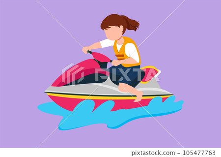 Cartoon flat style drawing pretty little girl riding jet ski at beach. Happy smiling child with rides water scooter on ocean waves. Summer sea water sport concept. Graphic design vector illustration 105477763