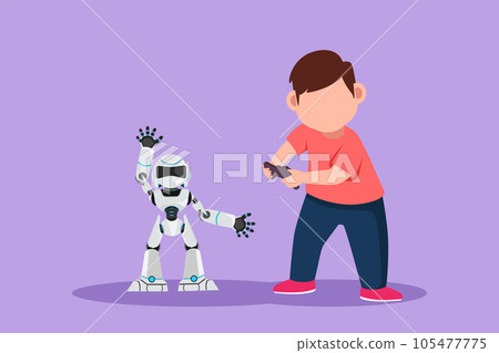 Graphic flat design drawing happy little boy playing with remote controlled robot toys. Cute kids playing with tech electronic toy robot with remote control in hands. Cartoon style vector illustration 105477775