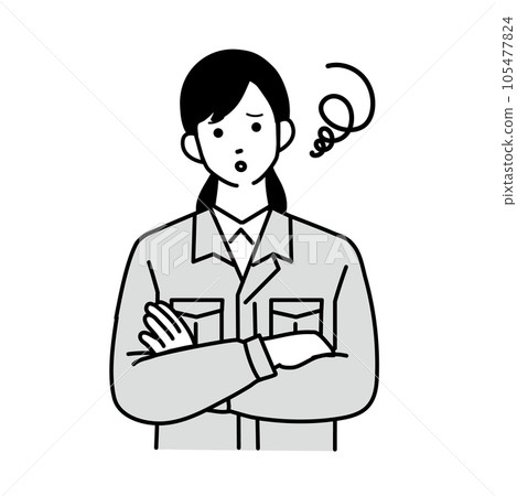 A simple illustration of a female worker wearing work clothes thinking with folded arms A simple illustration of a female worker wearing work clothes thinking with folded arms 105477824
