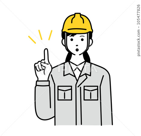 A simple illustration of a female worker wearing work clothes wearing a helmet and making a gesture of raising her index finger A simple illustration of a female worker wearing work clothes wearing a helmet and making a gesture of raising her index finger 105477826