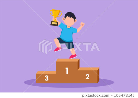 Graphic flat design drawing of adorable little boy standing on podium as sport competition winner. Championship celebration ceremony. Happy kids win game gold trophy. Cartoon style vector illustration 105478145