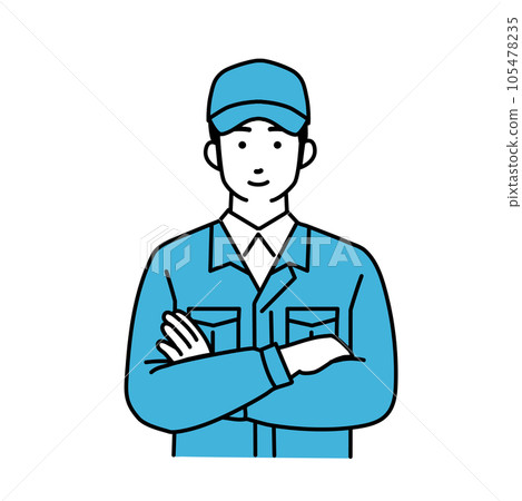 A simple illustration of a male delivery man wearing work clothes that folds his arms A simple illustration of a male delivery man wearing work clothes that folds his arms 105478235
