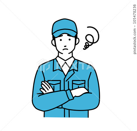 A simple illustration of a male delivery man wearing work clothes that folds his arms A simple illustration of a male delivery man wearing work clothes that folds his arms 105478236