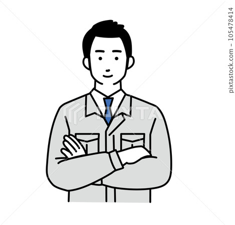 一個穿著工作服、雙臂交叉的男工人的簡單插畫 105478414