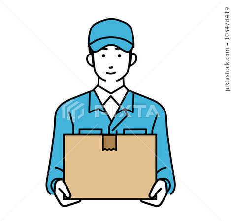 A simple illustration of a male delivery man in work clothes holding a package A simple illustration of a male delivery man in work clothes holding a package 105478419