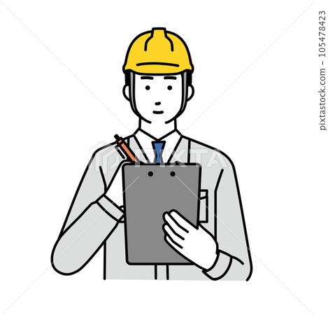 A simple illustration of a male worker wearing work clothes holding a clipboard A simple illustration of a male worker wearing work clothes holding a clipboard 105478423