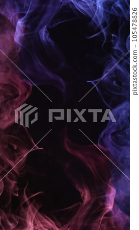 Smoke fractal. Neon vapor. Mist frame. Purple blue color glowing fume swirl cloud texture on dark black copy space abstract art background. 105478826