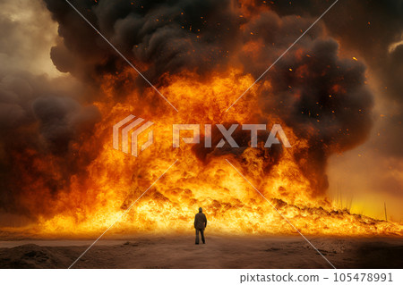 A man standing in front of big fire  105478991