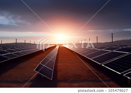 Sunset over Solar Farm. Solar panels. Renewable energy. Sunset over Solar Farm. Solar panels. Renewable energy. 105479027