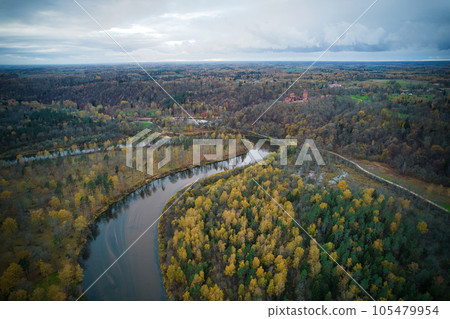 Above aerial shot of green pine forests and yellow foliage groves with beautiful texture of golden treetops. Beautiful fall season scenery in evening. Mountains in autumn colors in golden time 105479954