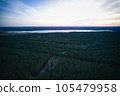 Above aerial shot of green pine forests and yellow foliage groves with beautiful texture of golden treetops. Beautiful fall season scenery in evening. Mountains in autumn colors in golden time 105479958