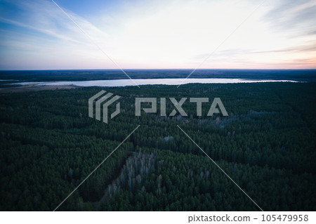 Above aerial shot of green pine forests and yellow foliage groves with beautiful texture of golden treetops. Beautiful fall season scenery in evening. Mountains in autumn colors in golden time Above aerial shot of green pine forests and yellow foliage groves with beautiful texture of golden treetops. Beautiful fall season scenery in evening. Mountains in autumn colors in golden time 105479958