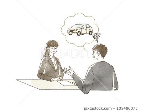 A man consulting a woman in a suit about cars 105480073