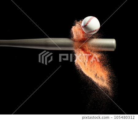Baseball player hit ball with silver bat and sand soil explode in air. Baseball players in dynamic action hit ball smoke tail. Black background isolated freeze action Baseball player hit ball with silver bat and sand soil explode in air. Baseball players in dynamic action hit ball smoke tail. Black background isolated freeze action 105480312