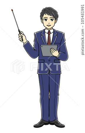 A young man in a suit explaining with an instruction stick while holding a tablet 105481991