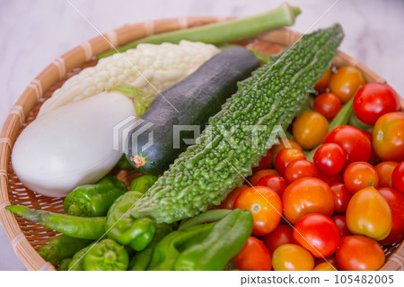 Harvesting summer vegetables in the home garden (white eggplant, tomato, green pepper, okra, bitter gourd, white bitter gourd, zucchini) Harvesting summer vegetables in the home garden (white eggplant, tomato, green pepper, okra, bitter gourd, white bitter gourd, zucchini) 105482005