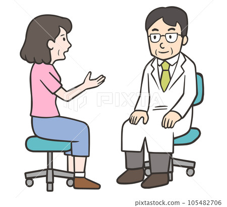 一名中年女性患者向醫生解釋症狀 105482706