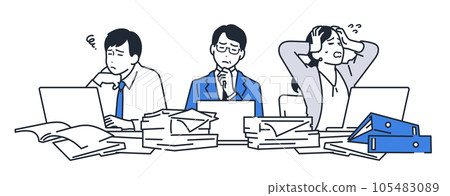 Simple vector illustration material of three business people who are worried about going paperless Simple vector illustration material of three business people who are worried about going paperless 105483089