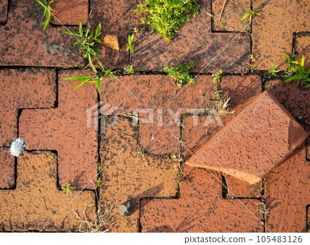 Bricks on the ground. Construction works. Brick block. Demolition work. Stones on the ground. Pedestrian zone. 105483126