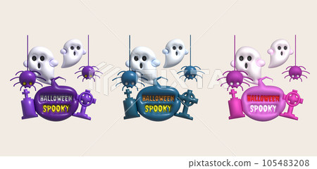 3d illustration halloween Spooky text and grave tombstone cute little ghost spider webs 3d illustration halloween Spooky text and grave tombstone cute little ghost spider webs 105483208