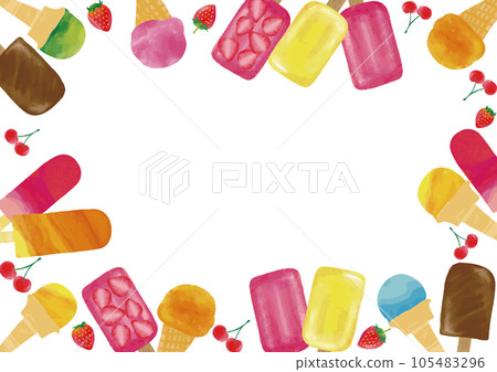 水彩觸摸冰淇淋、草莓和櫻桃框架 105483296