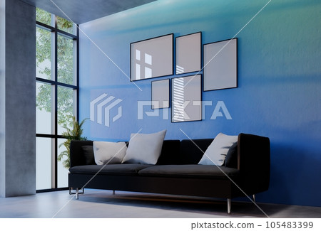 Frame photo mockup with sky blue wall background.  Render Illustration 105483399